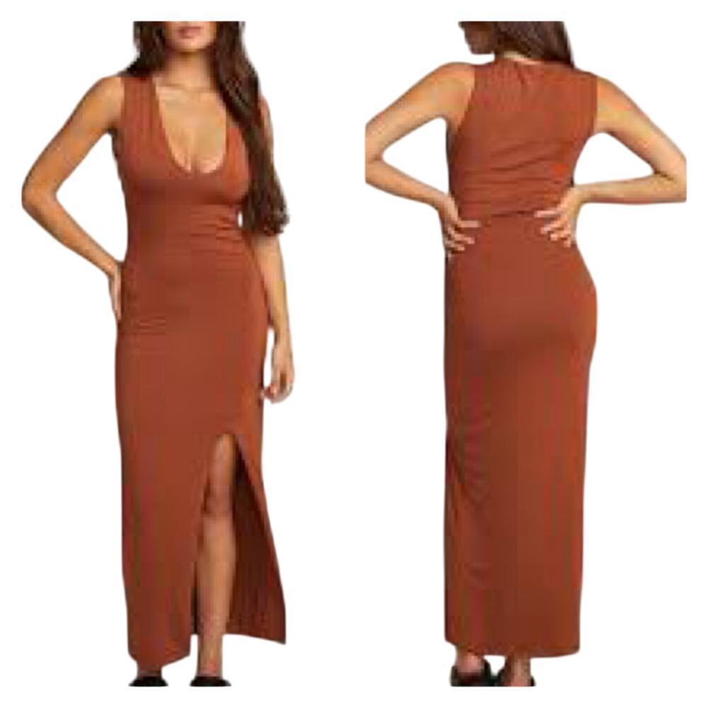 New CHASER Goldy Knit Maxi Dress in Whisky Brown Women's Sz S